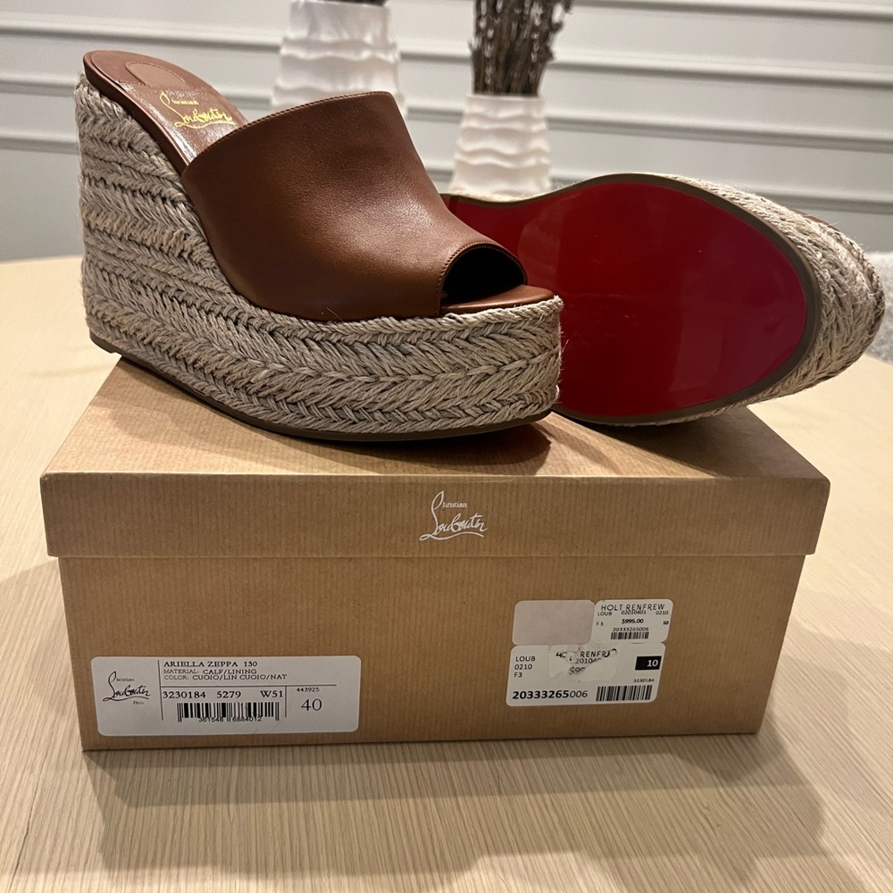 Christian Louboutin Ariella Brown Leather Espadrille Wedge Slides